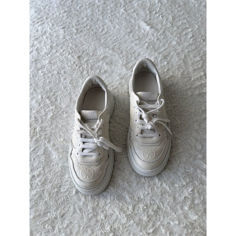 Gucci Chunky B GG Embossed Low Top Sneakers in White Leather